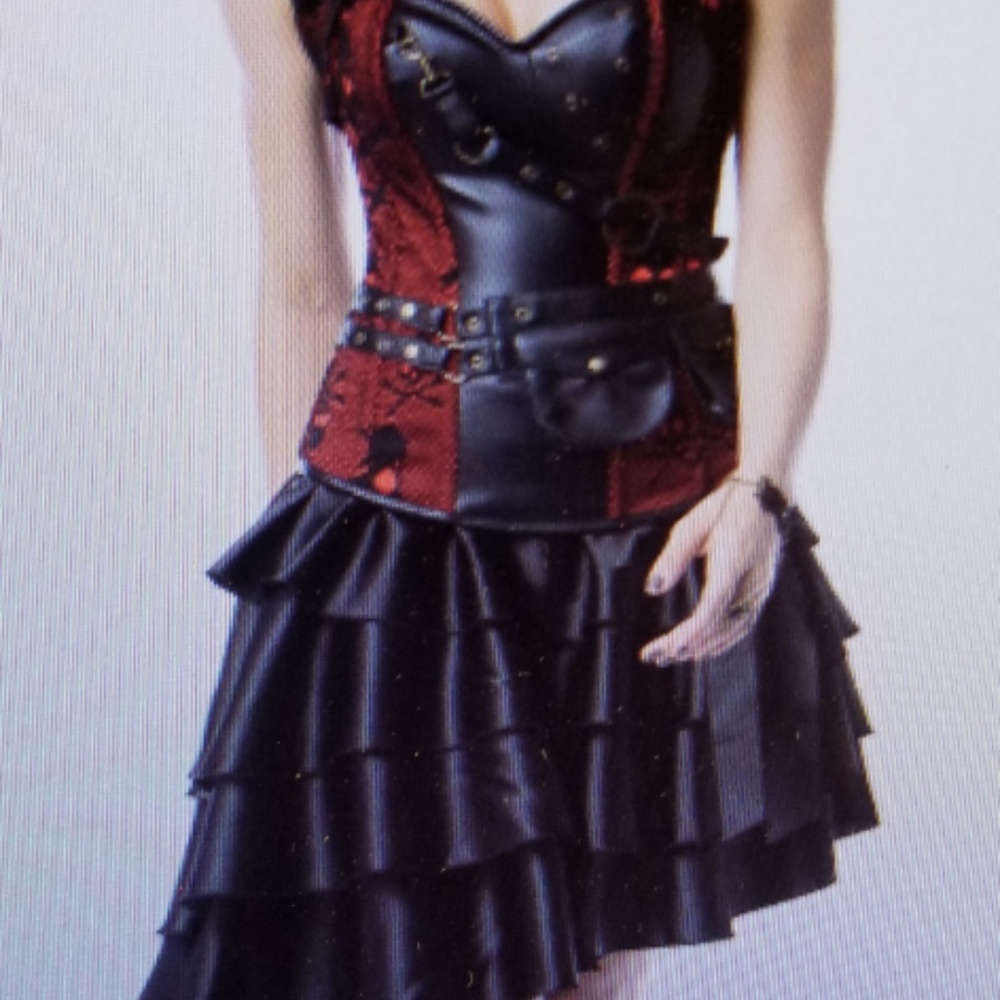 Red Gothic Corset Top Black Leather Pocket With Ma